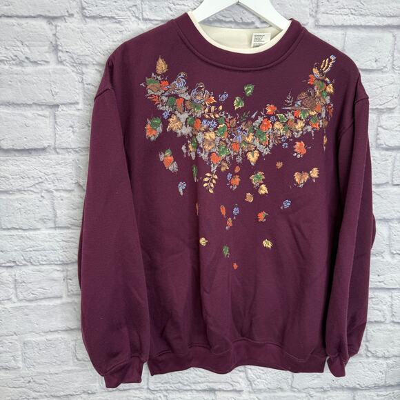 Vintage Basic Editions Womens Crewneck Sweatshirt Size M Purple Leaves - Picture 2 of 4